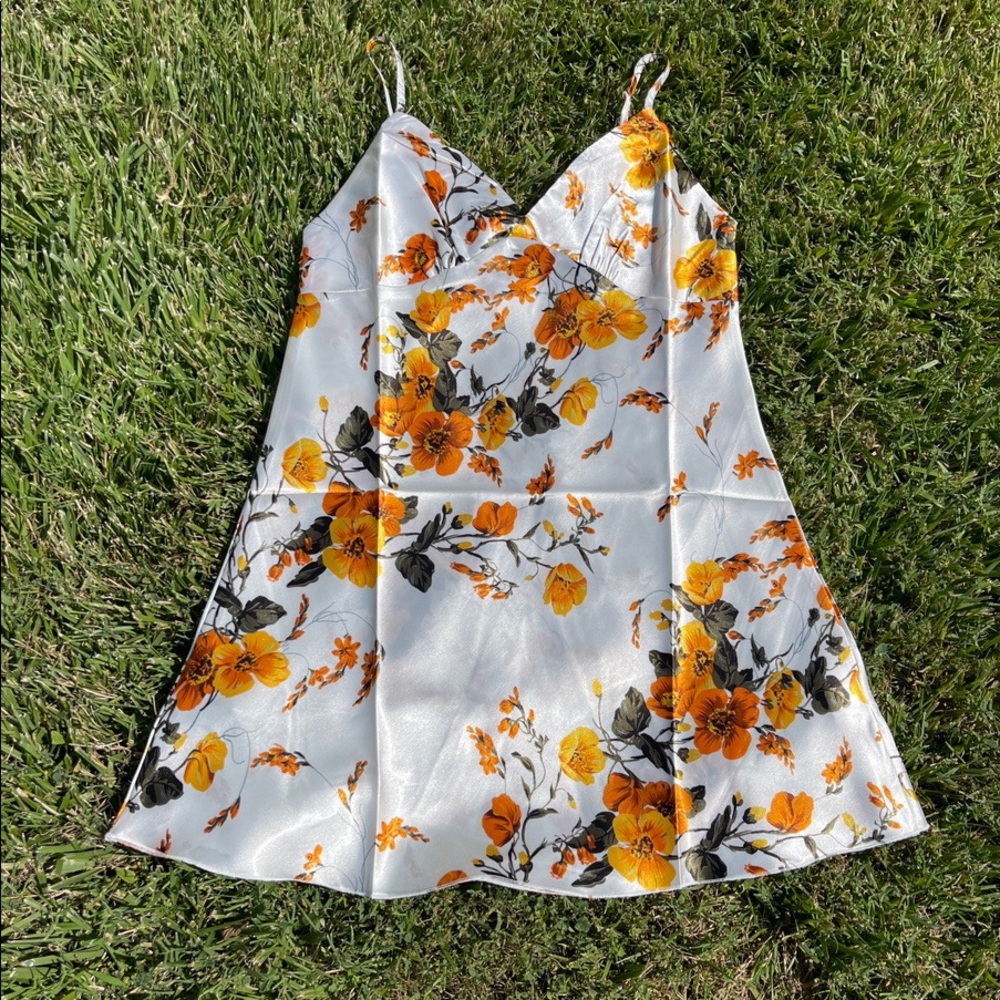 Silk Satin Cami Slip Floral Dress with orange blossoms